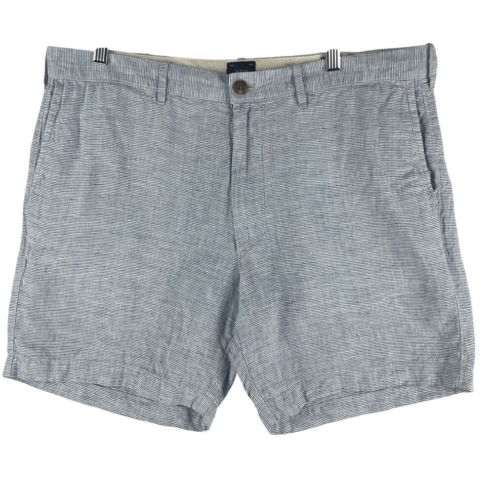 J.Crew Mens 7" Linen Short 35 Blue White Feather Stripe Flat Front Chino BO856